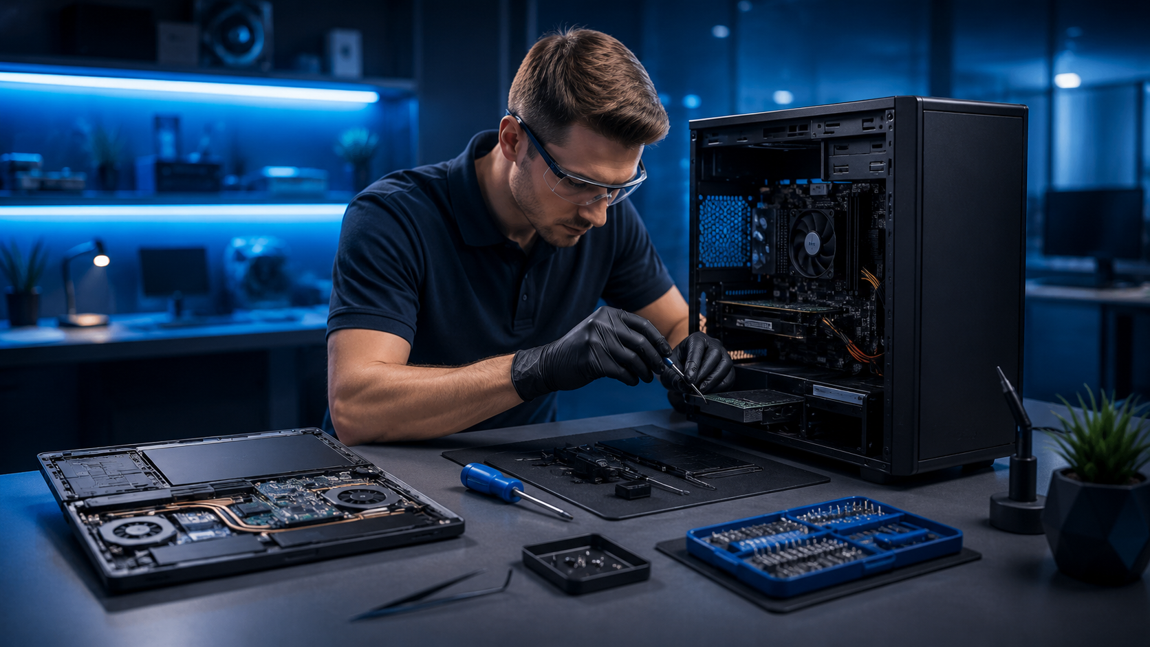 Technician servicing electronic equipment
